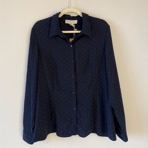 Norton McNaughton Navy Button Down Blouse with Pink Polka Dots Vintage Sz 14/L